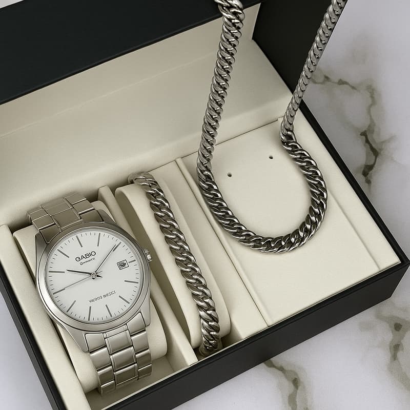 پکیج نیم ست Cartier  ساعت Casio مدل Edmon نقره ای